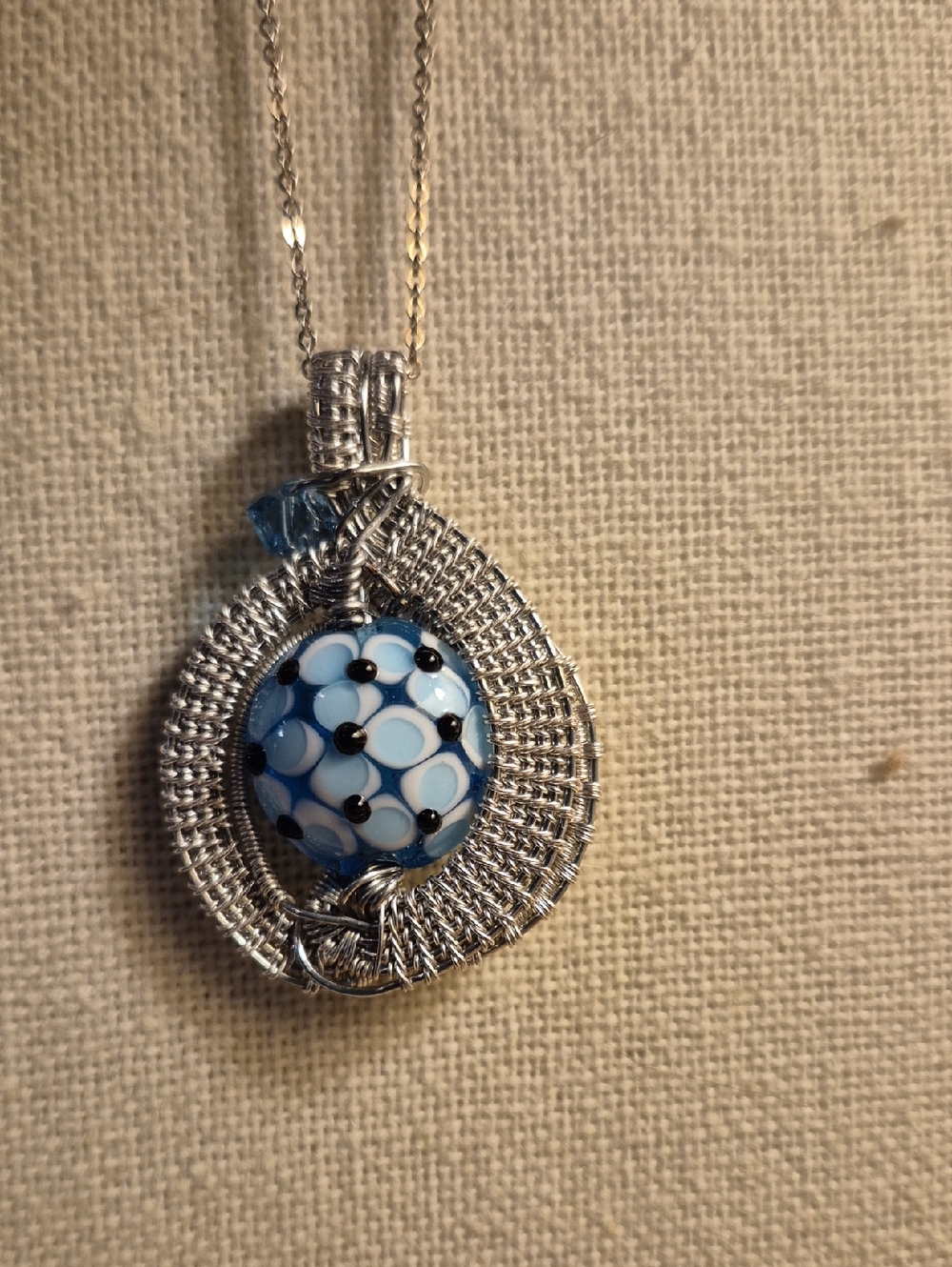 Handmade Silver Wire Wrapped Blue Glass Pendant Necklace